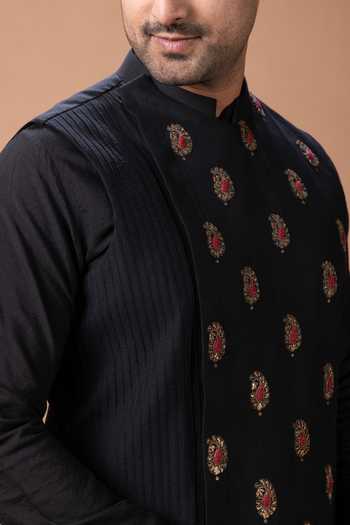 Shop_Priyanka Haralalka_Black Silk, Cotton Nehru Jacket And Kurta Set 