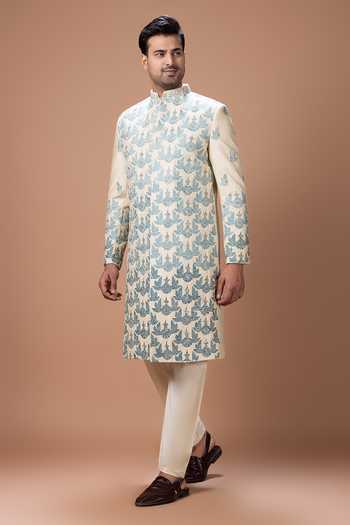 Shop Priyanka Haralalka Beige Silk, Cotton Sherwani And Pyjama Set Online at Aza Fashions Shop_Priyanka Haralalka_Beige Silk, Cotton Sherwani And Pyjama Set _Online_at_Aza_Fashions