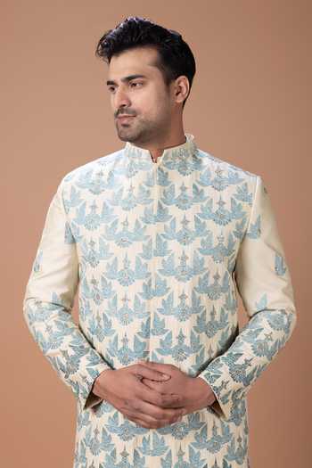 Shop Priyanka Haralalka Beige Silk, Cotton Sherwani And Pyjama Set Shop_Priyanka Haralalka_Beige Silk, Cotton Sherwani And Pyjama Set