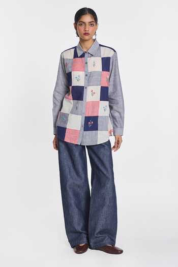 Payal Pratap Blue Handloom Cotton Collared Neck Thistle Patchwork Shirt at Aza Fashions Payal Pratap_Blue Handloom Cotton Collared Neck Thistle Patchwork Shirt _at_Aza_Fashions