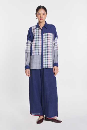 Payal Pratap Blue Handloom Cotton Collared Neck Chamomile Patchwork Shirt at Aza Fashions Payal Pratap_Blue Handloom Cotton Collared Neck Chamomile Patchwork Shirt _at_Aza_Fashions