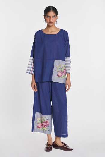 Payal Pratap Blue Handloom Cotton Round Neck Verbascum Patchwork Top at Aza Fashions Payal Pratap_Blue Handloom Cotton Round Neck Verbascum Patchwork Top _at_Aza_Fashions