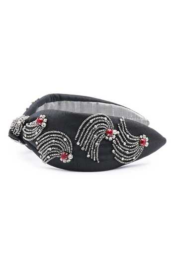 Shop APT FOREVER Black Embroidery, Beads, Rhinestones Supernova Gems Top Knot Headband Online at Aza Fashions Shop_APT FOREVER_Black Embroidery, Beads, Rhinestones Supernova Gems Top Knot Headband _Online_at_Aza_Fashions