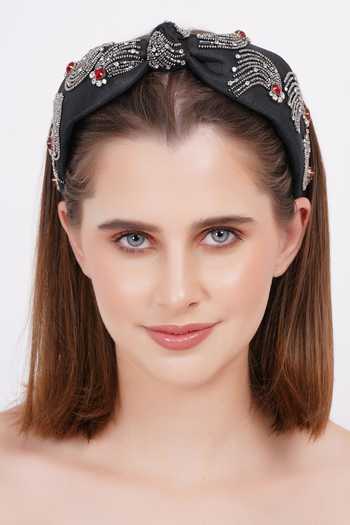 Buy APT FOREVER Black Embroidery, Beads, Rhinestones Supernova Gems Top Knot Headband Buy_APT FOREVER_Black Embroidery, Beads, Rhinestones Supernova Gems Top Knot Headband