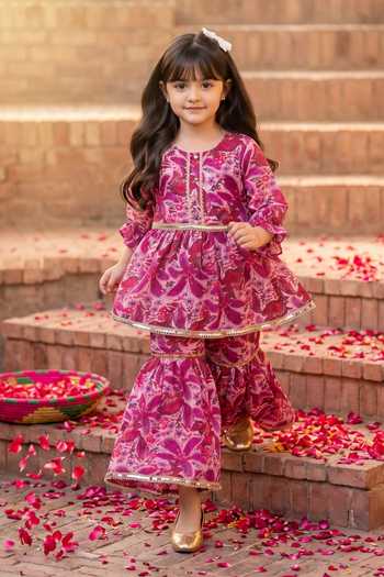 Buy Petite Pomme Purple Chinon Mirrors Printed Kurta And Sharara Set at Aza Fashions Buy_Petite Pomme_Purple Chinon Mirrors Printed Kurta And Sharara Set _at_Aza_Fashions