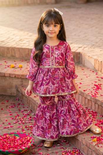 Shop Petite Pomme Purple Chinon Mirrors Printed Kurta And Sharara Set at Aza Fashions Shop_Petite Pomme_Purple Chinon Mirrors Printed Kurta And Sharara Set _at_Aza_Fashions