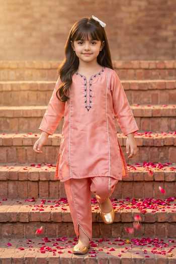 Buy Petite Pomme Pink Crepe Embroidery, Mirrors Placket Kurta And Pant Set at Aza Fashions Buy_Petite Pomme_Pink Crepe Embroidery, Mirrors Placket Kurta And Pant Set _at_Aza_Fashions