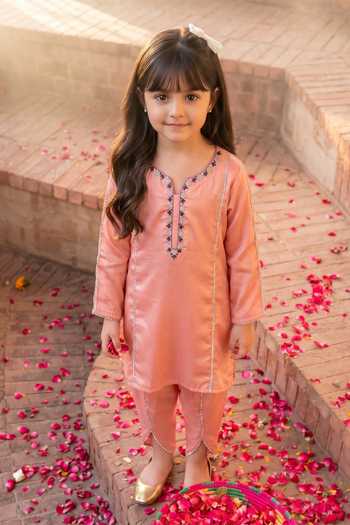 Shop Petite Pomme Pink Crepe Embroidery, Mirrors Placket Kurta And Pant Set at Aza Fashions Shop_Petite Pomme_Pink Crepe Embroidery, Mirrors Placket Kurta And Pant Set _at_Aza_Fashions