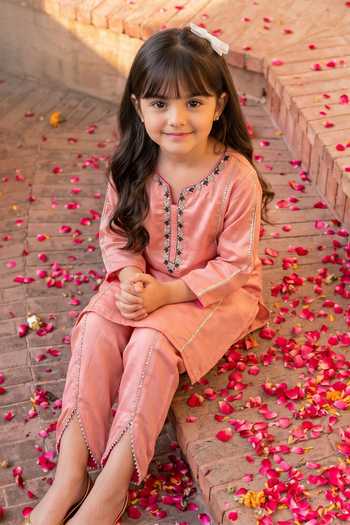 Shop Petite Pomme Pink Crepe Embroidery, Mirrors Placket Kurta And Pant Set Online at Aza Fashions Shop_Petite Pomme_Pink Crepe Embroidery, Mirrors Placket Kurta And Pant Set _Online_at_Aza_Fashions