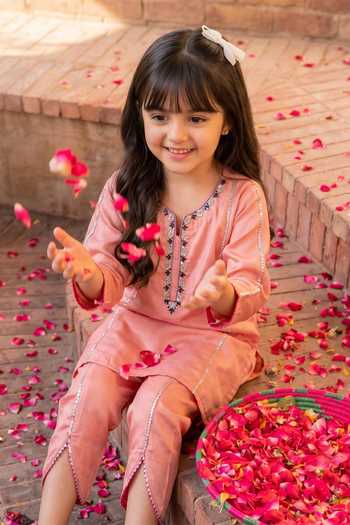 Buy Petite Pomme Pink Crepe Embroidery, Mirrors Placket Kurta And Pant Set Online at Aza Fashions Buy_Petite Pomme_Pink Crepe Embroidery, Mirrors Placket Kurta And Pant Set _Online_at_Aza_Fashions
