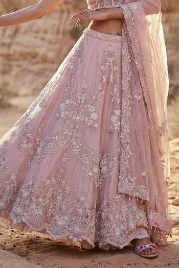 Ruceru_Pink Organza, Lace Square Neck Hand Embroidered Lehenga Set _Online_at_Aza_Fashions