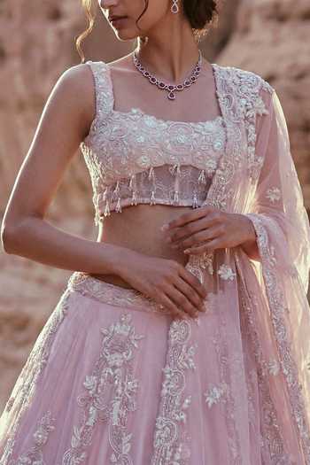 Buy_Ruceru_Pink Organza, Lace Square Neck Hand Embroidered Lehenga Set _Online_at_Aza_Fashions