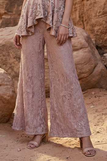 Ruceru_Pink Silk Satin, Lace Sweetheart Neck Hand Embroidered Peplum Top And Pant Set _Online_at_Aza_Fashions