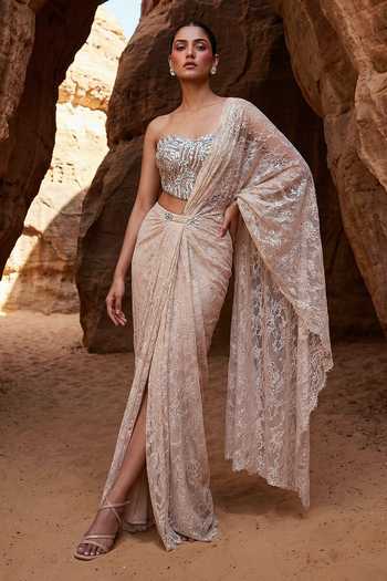 Ruceru Lace Work Pre-Draped Saree & Blouse Set 