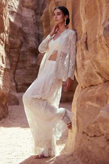 Ruceru Sequin Lace Organza Jacket Pant Set 