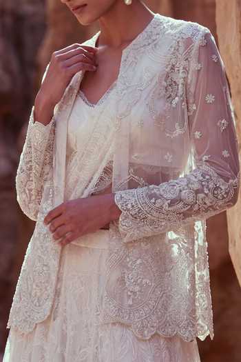 Buy Ruceru Ivory Organza, Lace V-neck Sequin Jacket Pant Set Online at Aza Fashions Buy_Ruceru_Ivory Organza, Lace V-neck Sequin Jacket Pant Set _Online_at_Aza_Fashions