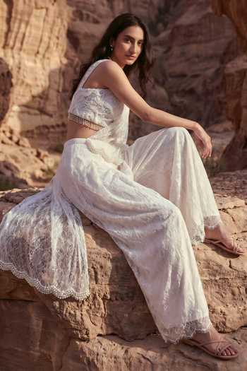 Ruceru Ivory Silk Satin, Lace Sweetheart Neck Work Blouse And Draped Pant Set Online at Aza Fashions Ruceru_Ivory Silk Satin, Lace Sweetheart Neck Work Blouse And Draped Pant Set _Online_at_Aza_Fashions