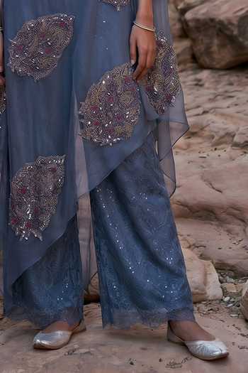 Ruceru Blue Organza, Lace Sweetheart Neck Draped Blouse And Pant Set Online at Aza Fashions Ruceru_Blue Organza, Lace Sweetheart Neck Draped Blouse And Pant Set _Online_at_Aza_Fashions