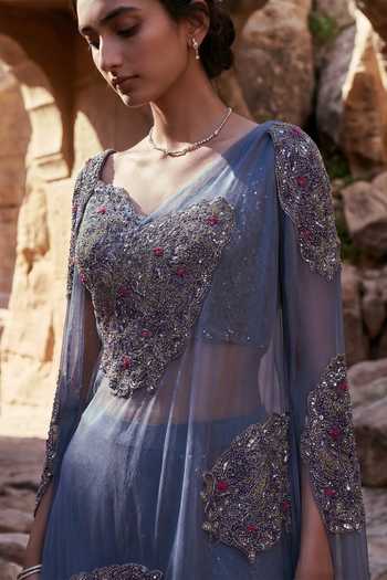 Buy Ruceru Blue Organza, Lace Sweetheart Neck Draped Blouse And Pant Set Online at Aza Fashions Buy_Ruceru_Blue Organza, Lace Sweetheart Neck Draped Blouse And Pant Set _Online_at_Aza_Fashions