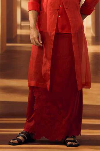 Vivek Karunakaran Red Cotton, Organza Jacket And Cutwork Veshti Set Online at Aza Fashions Vivek Karunakaran_Red Cotton, Organza Jacket And Cutwork Veshti Set _Online_at_Aza_Fashions