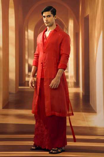 Buy Vivek Karunakaran Red Cotton, Organza Jacket And Cutwork Veshti Set Online at Aza Fashions Buy_Vivek Karunakaran_Red Cotton, Organza Jacket And Cutwork Veshti Set _Online_at_Aza_Fashions