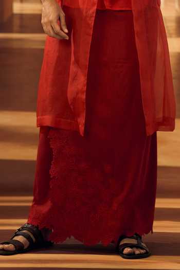 Vivek Karunakaran_Red Cotton Jasmine Cutwork Embroidered Veshti _Online_at_Aza_Fashions