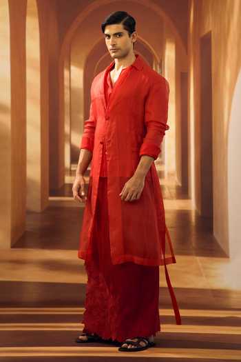 Buy_Vivek Karunakaran_Red Cotton Jasmine Cutwork Embroidered Veshti _Online_at_Aza_Fashions