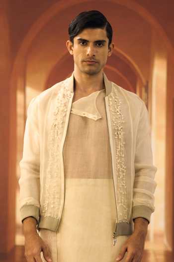 Vivek Karunakaran Cream Silk, Organza, Tussar Block Print Up Down Hem Kurta Veshti Set Online at Aza Fashions Vivek Karunakaran_Cream Silk, Organza, Tussar Block Print Up Down Hem Kurta Veshti Set _Online_at_Aza_Fashions