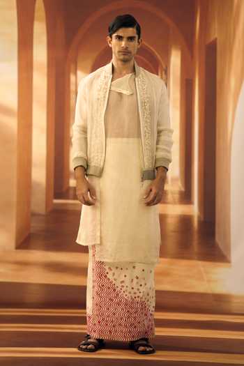 Vivek Karunakaran Up Down Hem Tussar Kurta Veshti Set 
