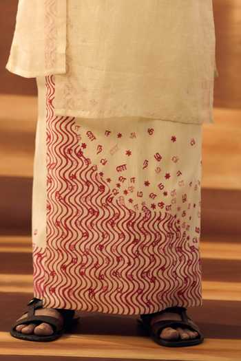 Buy Vivek Karunakaran Cream Silk, Organza, Tussar Block Print Up Down Hem Kurta Veshti Set Online at Aza Fashions Buy_Vivek Karunakaran_Cream Silk, Organza, Tussar Block Print Up Down Hem Kurta Veshti Set _Online_at_Aza_Fashions