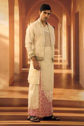 Shop Vivek Karunakaran Cream Silk, Organza, Tussar Block Print Up Down Hem Kurta Veshti Set Online at Aza Fashions Shop_Vivek Karunakaran_Cream Silk, Organza, Tussar Block Print Up Down Hem Kurta Veshti Set _Online_at_Aza_Fashions