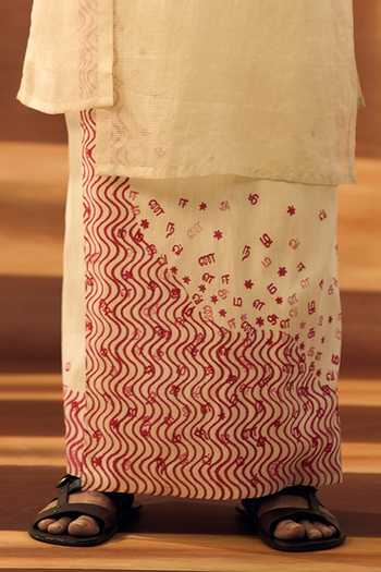 Vivek Karunakaran_Cream Silk Wave And Script Block Print Veshti _Online_at_Aza_Fashions