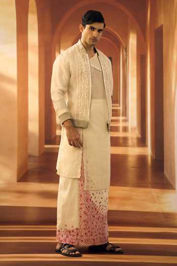 Buy_Vivek Karunakaran_Cream Silk Wave And Script Block Print Veshti _Online_at_Aza_Fashions