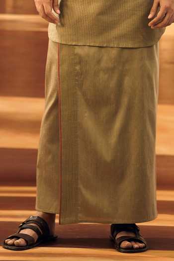 Vivek Karunakaran Olive Green Cotton Embroidery Zig Zag Textured Border Veshti Online at Aza Fashions Vivek Karunakaran_Olive Green Cotton Embroidery Zig Zag Textured Border Veshti _Online_at_Aza_Fashions