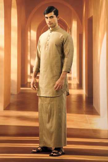 Buy Vivek Karunakaran Olive Green Cotton Embroidery Zig Zag Textured Border Veshti Online at Aza Fashions Buy_Vivek Karunakaran_Olive Green Cotton Embroidery Zig Zag Textured Border Veshti _Online_at_Aza_Fashions