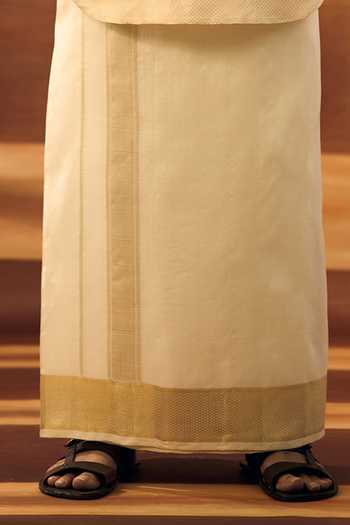 Vivek Karunakaran_Cream Silk Heirloom Gilded Edge Veshti _Online_at_Aza_Fashions