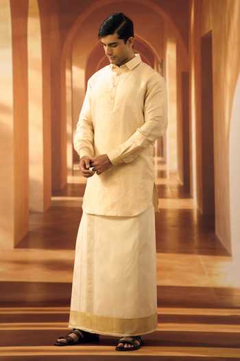 Buy_Vivek Karunakaran_Cream Silk Heirloom Gilded Edge Veshti _Online_at_Aza_Fashions
