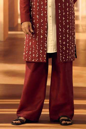Vivek Karunakaran Maroon Cotton Jasmine String Textured Sherwani And Pant Set Online at Aza Fashions Vivek Karunakaran_Maroon Cotton Jasmine String Textured Sherwani And Pant Set _Online_at_Aza_Fashions