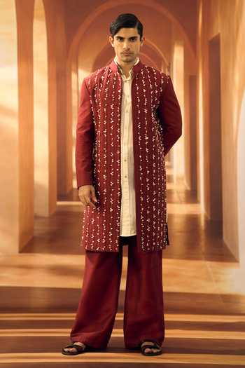 Vivek Karunakaran Red Cotton Jasmine String Textured Open Sherwani Online at Aza Fashions Vivek Karunakaran_Red Cotton Jasmine String Textured Open Sherwani _Online_at_Aza_Fashions