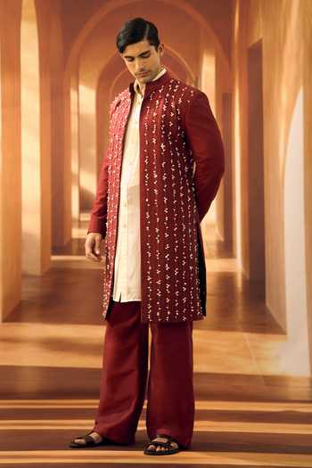 Buy Vivek Karunakaran Red Cotton Jasmine String Textured Open Sherwani Online at Aza Fashions Buy_Vivek Karunakaran_Red Cotton Jasmine String Textured Open Sherwani _Online_at_Aza_Fashions