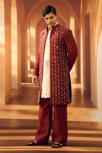 Buy_Vivek Karunakaran_Maroon Cotton Merlot Korean Pant _Online_at_Aza_Fashions
