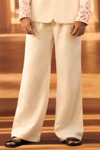 Vivek Karunakaran White Linen Script Scatter Jacket With Korean Pant Online at Aza Fashions Vivek Karunakaran_White Linen Script Scatter Jacket With Korean Pant _Online_at_Aza_Fashions