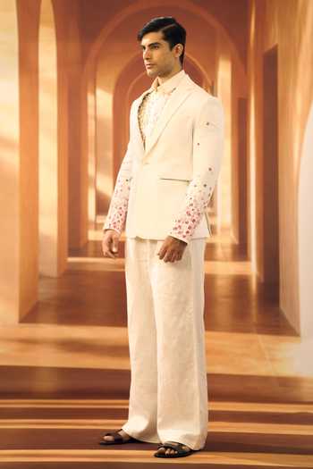 Buy Vivek Karunakaran White Linen Script Scatter Jacket With Korean Pant Online at Aza Fashions Buy_Vivek Karunakaran_White Linen Script Scatter Jacket With Korean Pant _Online_at_Aza_Fashions