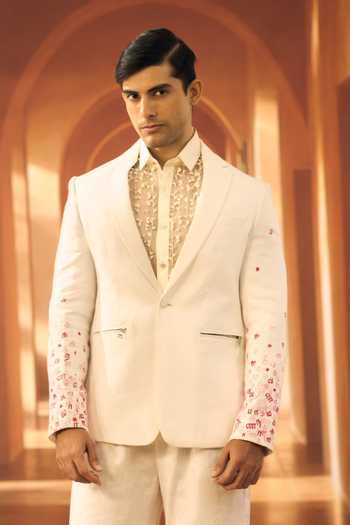 Shop Vivek Karunakaran White Linen Script Scatter Jacket With Korean Pant Online at Aza Fashions Shop_Vivek Karunakaran_White Linen Script Scatter Jacket With Korean Pant _Online_at_Aza_Fashions