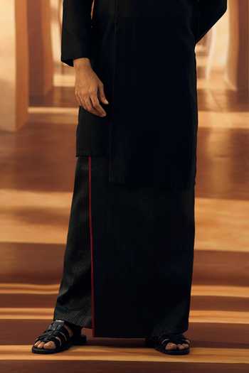 Vivek Karunakaran_Black Silk Up Down Hem Noir Kurta With Veshti _Online_at_Aza_Fashions