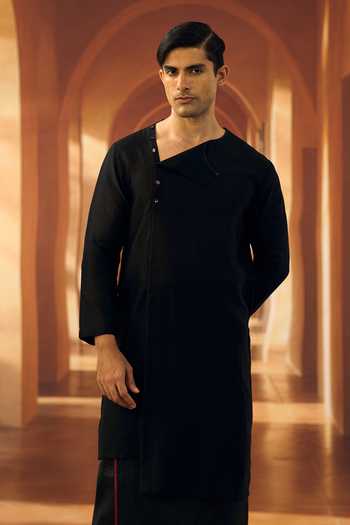 Buy_Vivek Karunakaran_Black Silk Up Down Hem Noir Kurta With Veshti _Online_at_Aza_Fashions