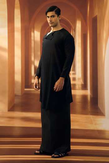 Shop_Vivek Karunakaran_Black Silk Up Down Hem Noir Kurta With Veshti _Online_at_Aza_Fashions
