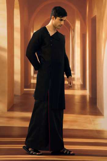 Shop_Vivek Karunakaran_Black Silk Gilded Zari Line Noir Veshti _Online_at_Aza_Fashions