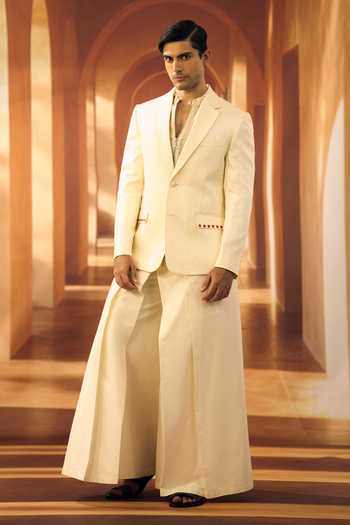 Vivek Karunakaran Cream Silk Jute Linen Ceremonial Blazer Online at Aza Fashions Vivek Karunakaran_Cream Silk Jute Linen Ceremonial Blazer _Online_at_Aza_Fashions