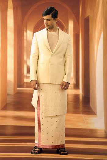 Vivek Karunakaran Cream Silk Linen Foil Ceremonial Blazer Online at Aza Fashions Vivek Karunakaran_Cream Silk Linen Foil Ceremonial Blazer _Online_at_Aza_Fashions